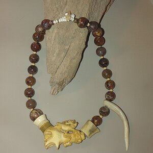 Antique Agate Bead Necklace Carved Antler Pendant Deer Elk Artisan Craft Rustic